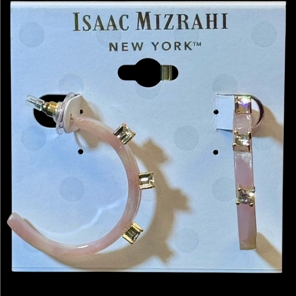ISAAC MIZRAHI Rhinestone And Pink Acrylic‎ Hoop Earrings NWT